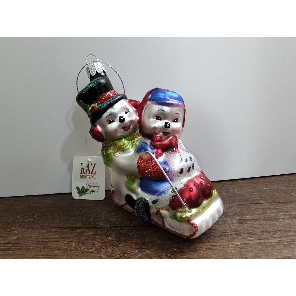 Raz Snowman Sledding Couple Glass Hanging Christmas Glass Ornament A9